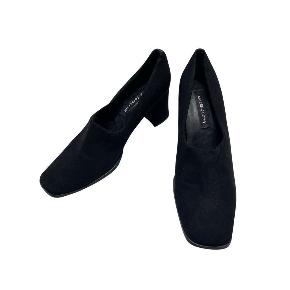 Liz Claiborne Black Fabric Block Heel Pumps Square Toe Comfort Womens Size 9M